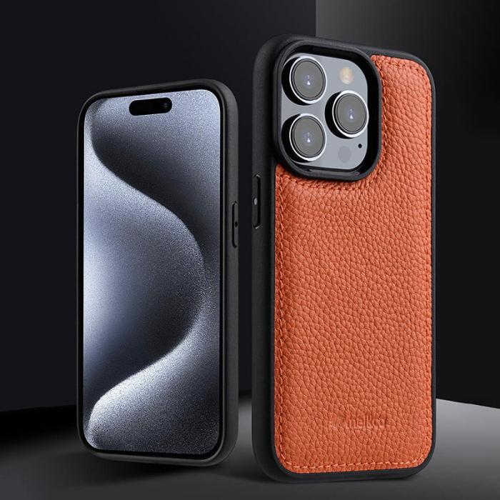 Melkco - MELKCO iPhone 15 Pro Fodral Stöttåligt Äkta Läder + PC Grå