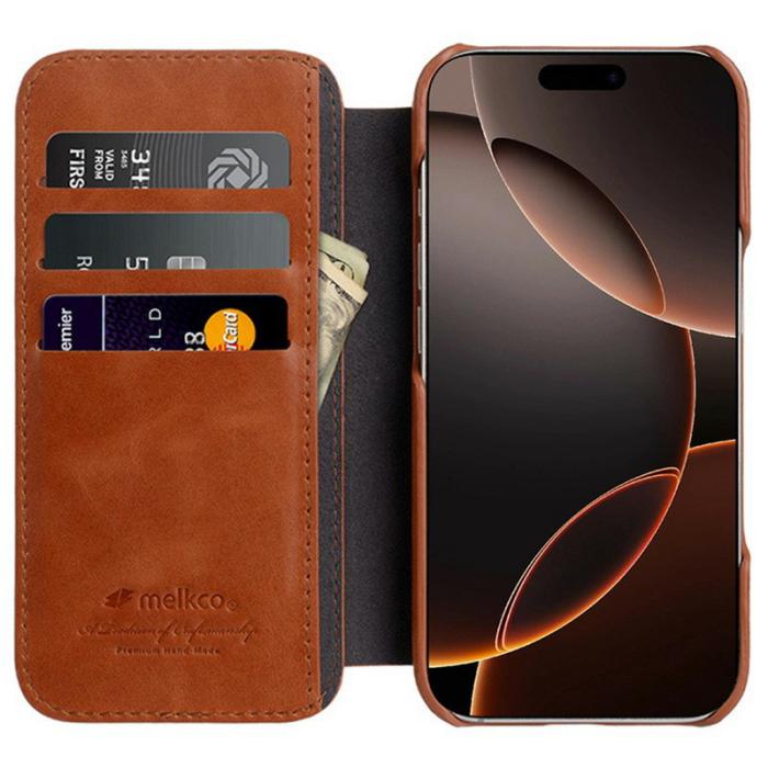 Melkco - MELKCO iPhone 16 Pro Fodral Äkta Läder Med MagSafe Kortfack - Brun