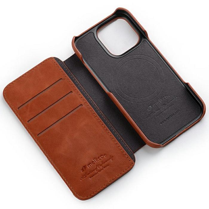 Melkco - MELKCO iPhone 16 Pro Fodral Äkta Läder Med MagSafe Kortfack - Brun