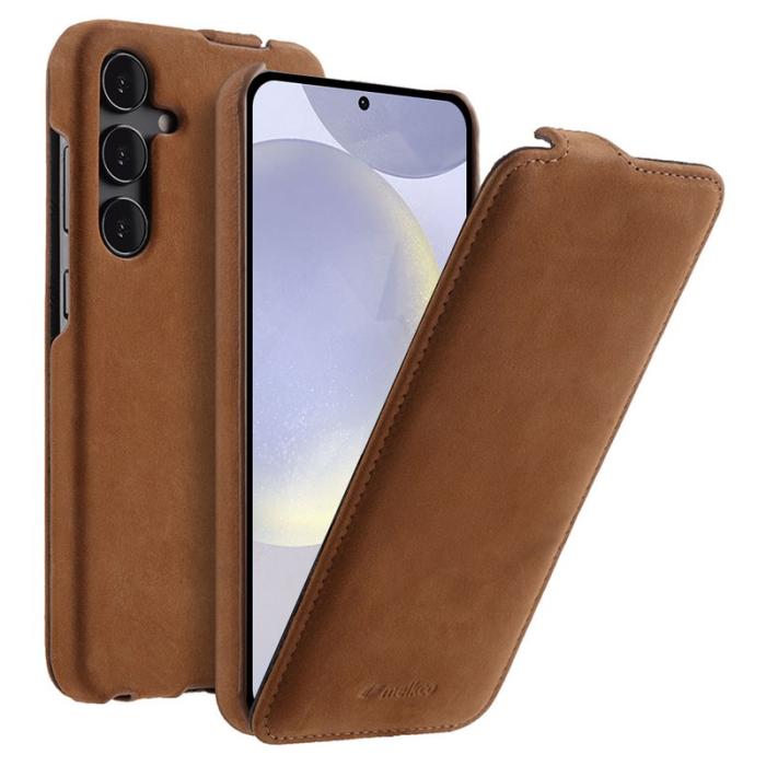 Melkco - MELKCO Samsung Galaxy S24 Plus Vertikalt Flipfodral Äkta Läder Matt Brun