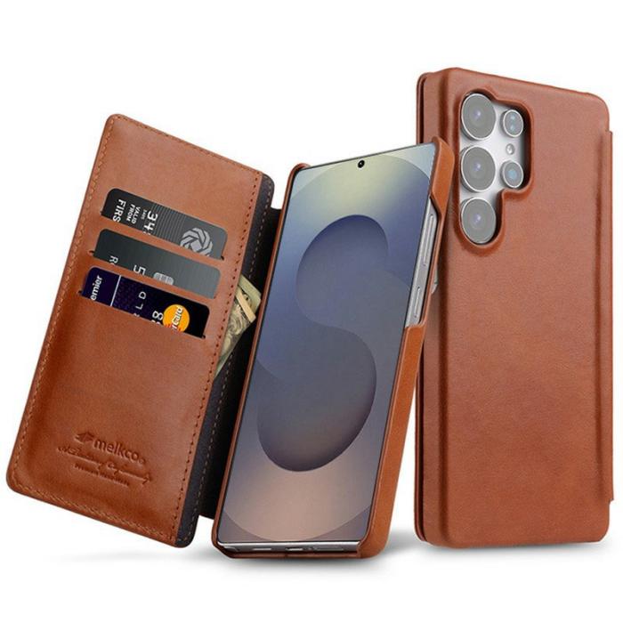 Melkco - MELKCO Samsung Galaxy S25 Ultra Fodral Äkta Läder Flip - Brun
