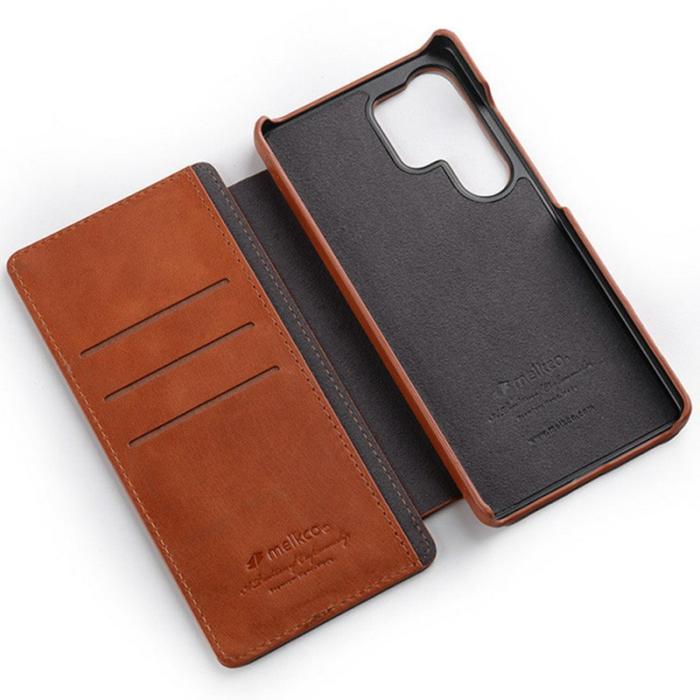 Melkco - MELKCO Samsung Galaxy S25 Ultra Fodral Äkta Läder Flip - Brun