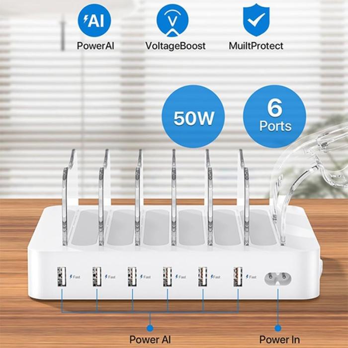 OEM - MIQ-101 50W Laddstation med 6 USB-portar, skrivbordsladdare, EU-kontakt