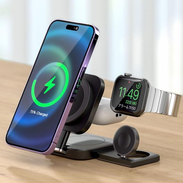 OEM - N3 3-i-1 Fällbar Skrivbords Laddningsställ för Klocka, Hörlurar, Telefon