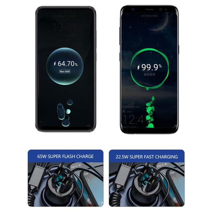 OEM - P5X 110W Snabbladdare Bil med Dubbel USB och 3-i-1 Kabel