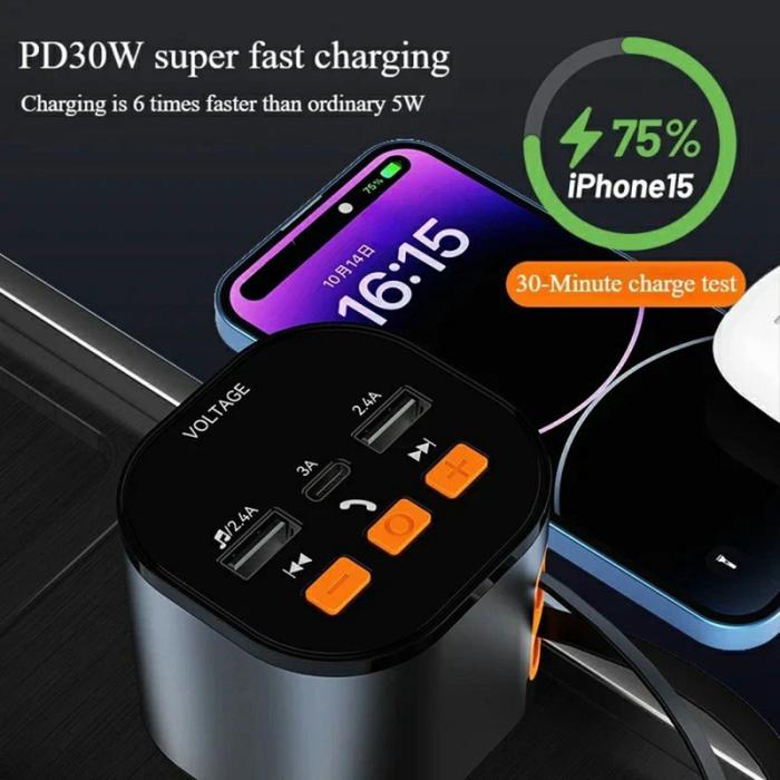 OEM - PT-21 FM-sändare Billaddare med spänningsdisplay och snabb laddning, svart