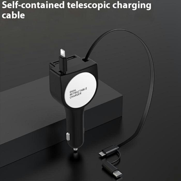 OEM - PT-3 Snabbladdare för bil med inbyggd utdragbar kabel, 3-i-1 adapter