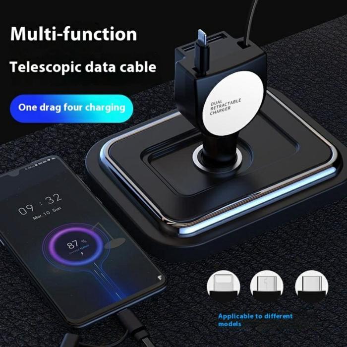 OEM - PT-3 Snabbladdare för bil med inbyggd utdragbar kabel, 3-i-1 adapter