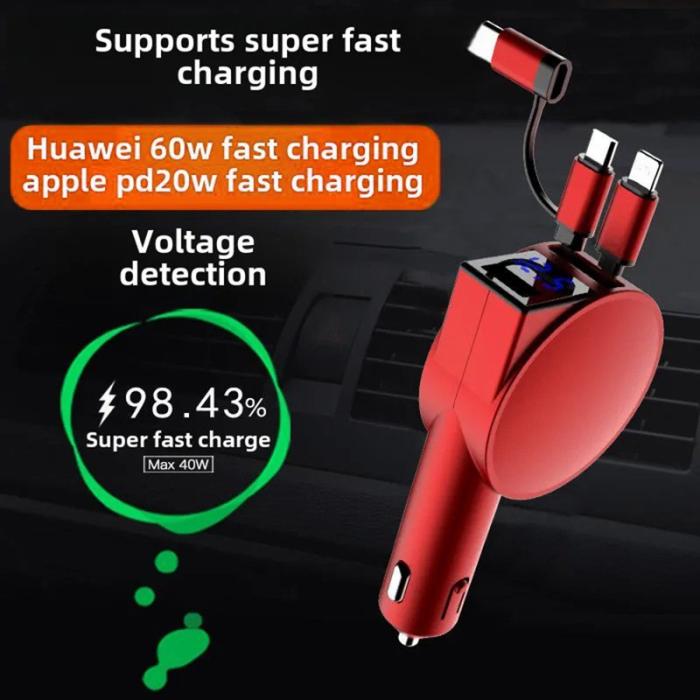 OEM - PT-8 60W Hög Effekt LED Billaddare Cigarette Lighter Adapter med iP/Typ C - Röd