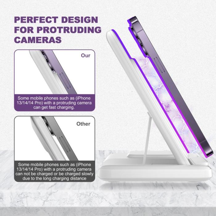 OEM - Q50A 3-i-1 Fällbar Trådlös Laddare för Telefon, Klocka, Hörlurar - Vit