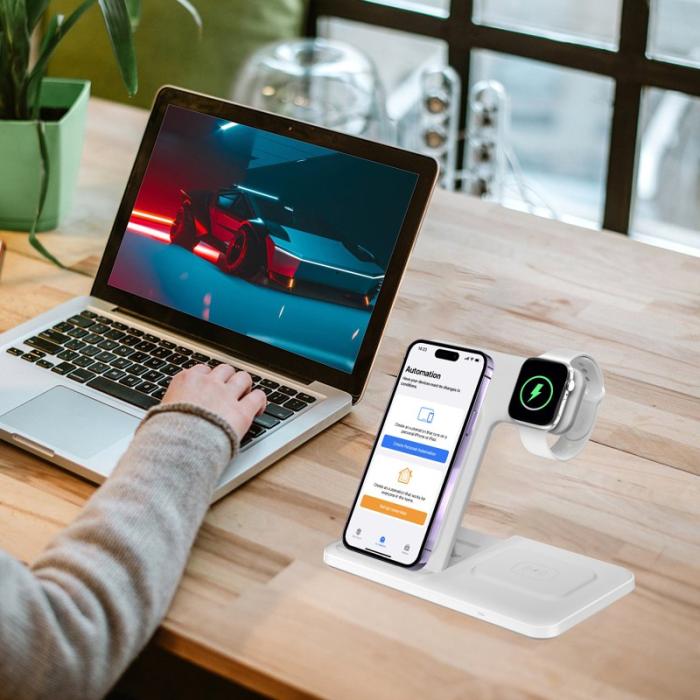 OEM - Q50A 3-i-1 Fällbar Trådlös Laddare för Telefon, Klocka, Hörlurar - Vit