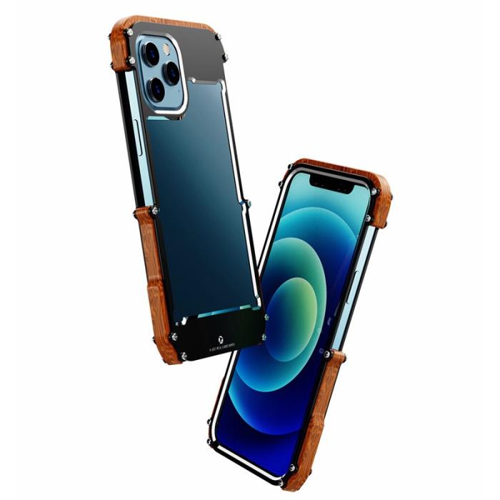 R-JUST - R-JUST iPhone 12/12 Pro Bumper Skal i Trä och Aluminium, Svart