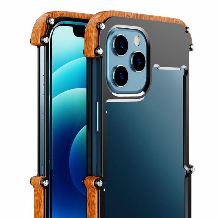 R-JUST - R-JUST iPhone 12/12 Pro Bumper Skal i Trä och Aluminium, Svart