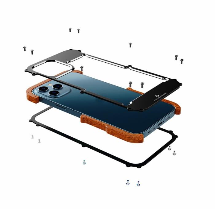 R-JUST - R-JUST iPhone 12/12 Pro Bumper Skal i Trä och Aluminium, Svart