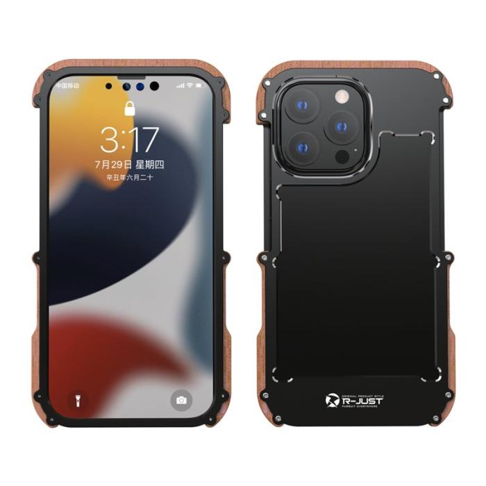 R-JUST - R-JUST iPhone 13 Pro Max Skal i Aluminium och Trä - Svart