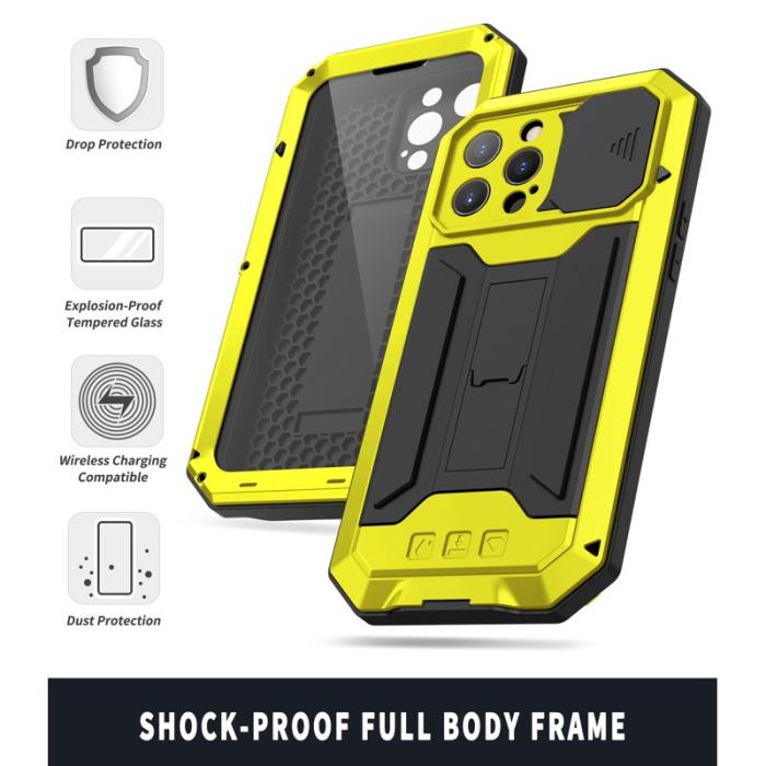 R-JUST - R-JUST iPhone 13 Pro Max Skal Metallram Vattentålig Gul