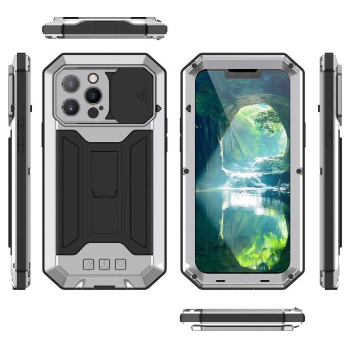R-JUST - R-JUST iPhone 13 Pro Max Skal Metallram Vattentålig Silver