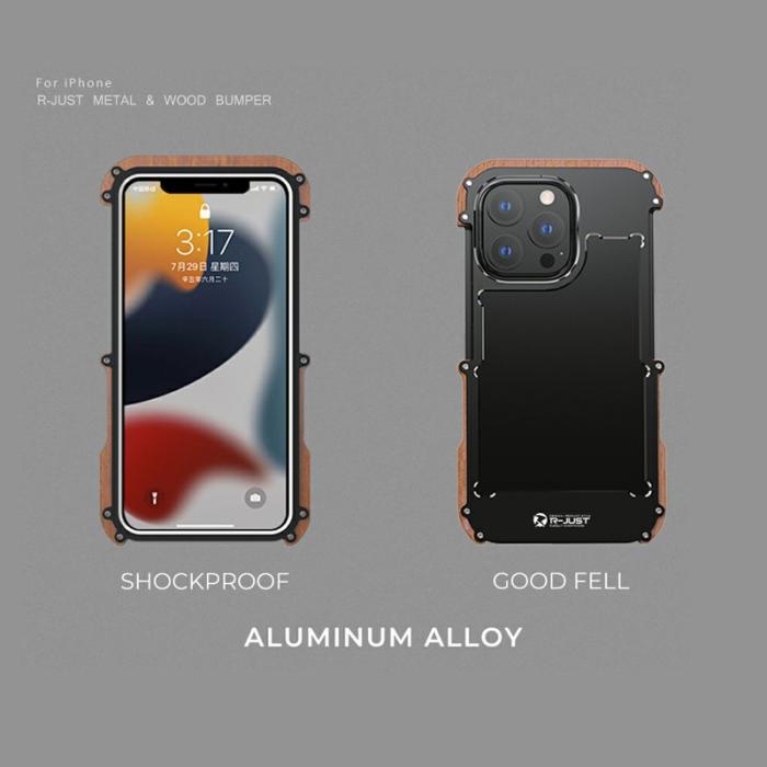 R-JUST - R-JUST iPhone 13 Pro Skal i Trä och Aluminium - Svart