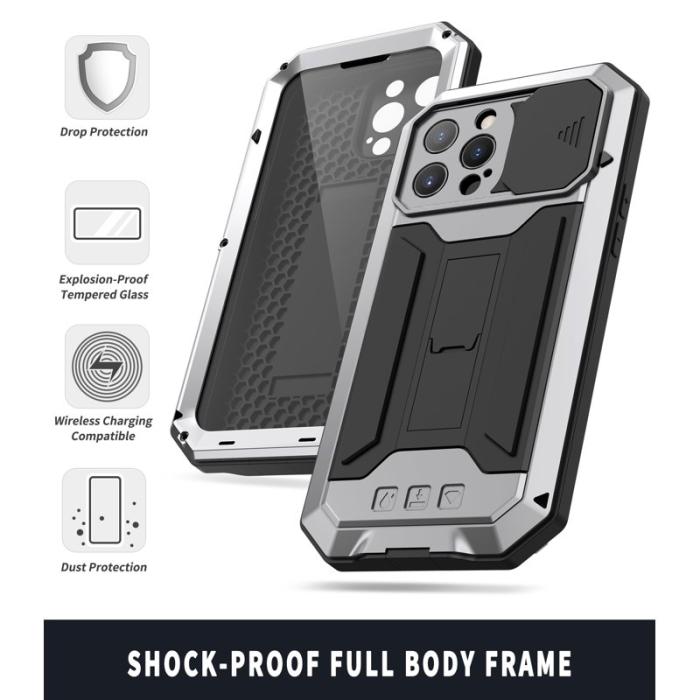 R-JUST - R-JUST iPhone 13 Pro Skal med Ställ och Tempererat Glas Silver