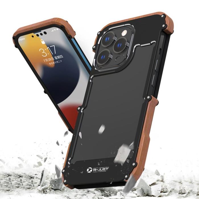 R-JUST - R-JUST iPhone 13 Skal i Trä och Aluminium - Shockproof Svart