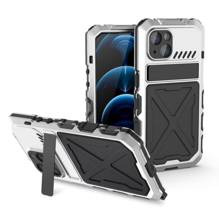 R-JUST - R-JUST iPhone 14 Plus Skal i Silikon + Metall Skydd Silver