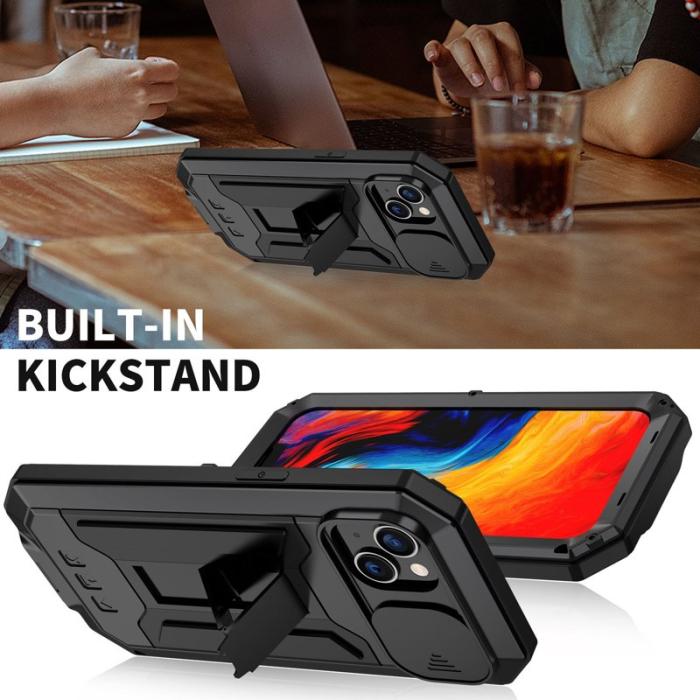 R-JUST - R-JUST iPhone 14 Plus Skal med Kickstand i Silikon och Metall - Svart