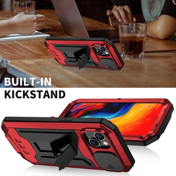 R-JUST - R-JUST iPhone 14 Plus Skal med Kickstand Röd Silicone Metall