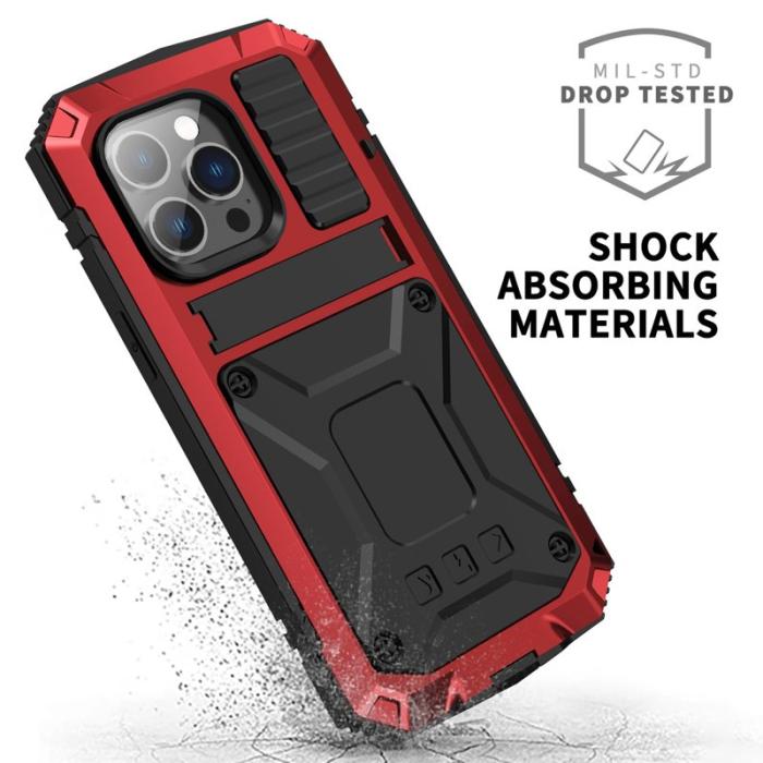 R-JUST - R-JUST iPhone 14 Pro Skal Shockproof Hybrid Röd med Skärmskydd