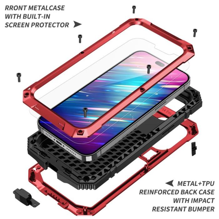 R-JUST - R-JUST iPhone 14 Pro Skal Shockproof Hybrid Röd med Skärmskydd
