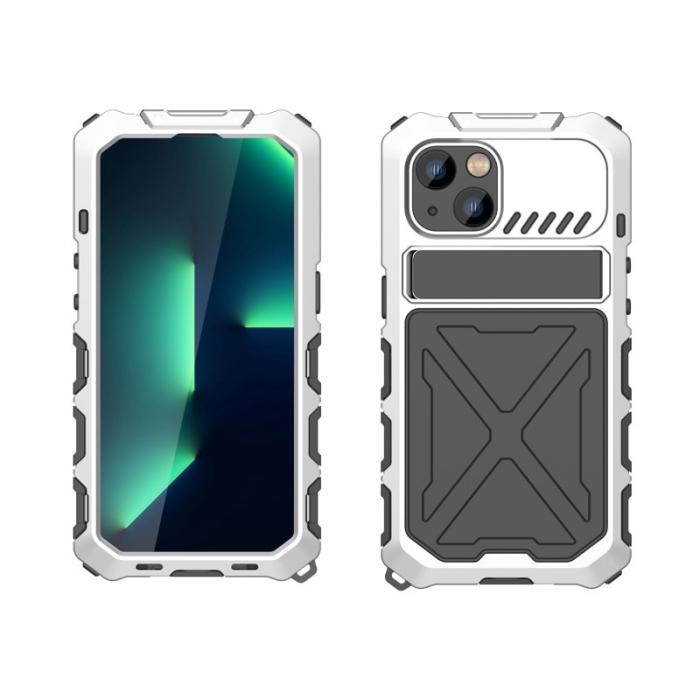 R-JUST - R-JUST iPhone 14 Skal Kickstand i Silikon + Metall Silver