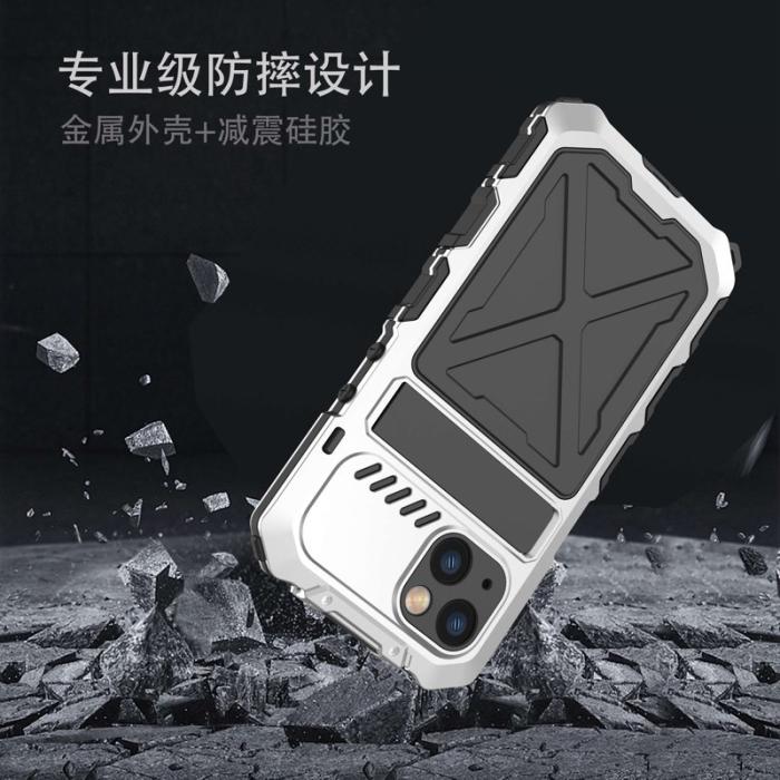 R-JUST - R-JUST iPhone 14 Skal Kickstand i Silikon + Metall Silver