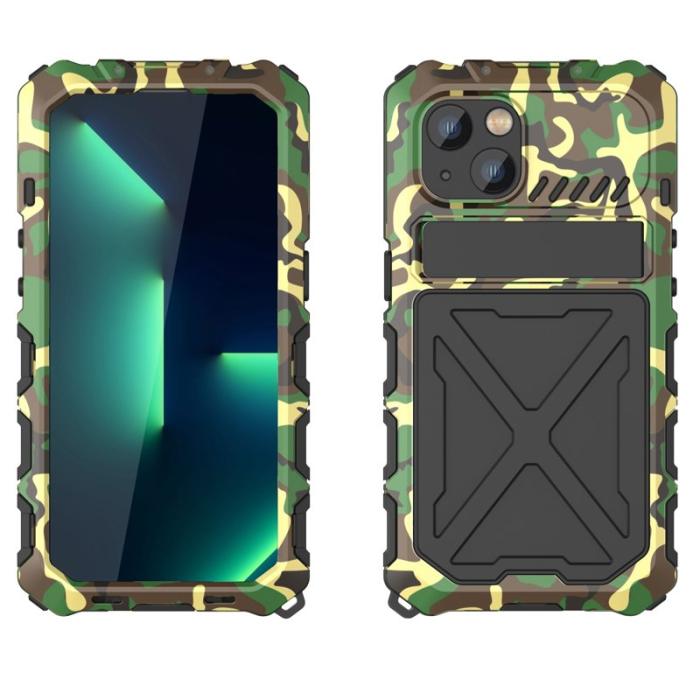 R-JUST - R-JUST iPhone 14 Skal Kickstand Silikon + Metall Kamouflage