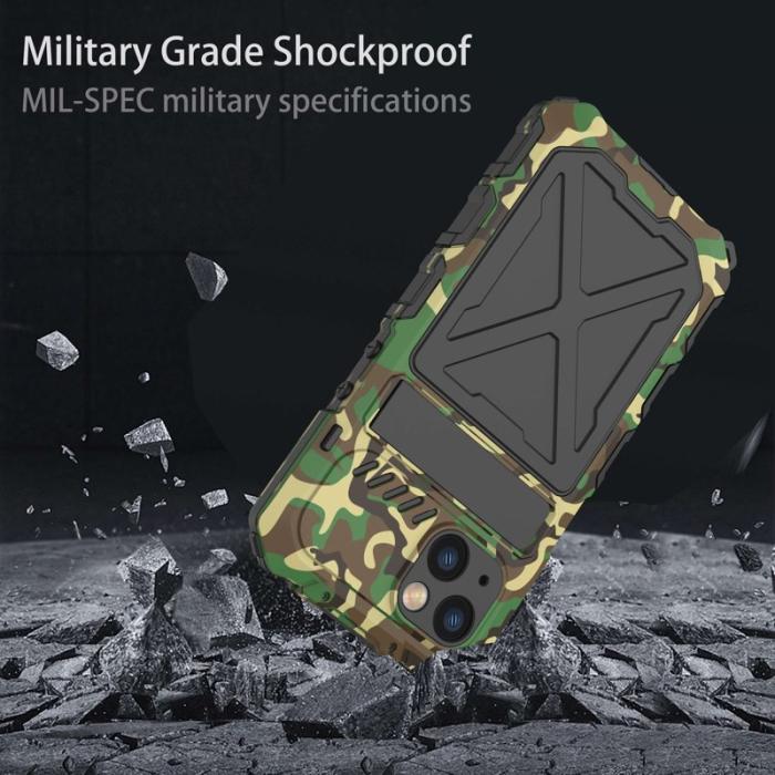 R-JUST - R-JUST iPhone 14 Skal Kickstand Silikon + Metall Kamouflage