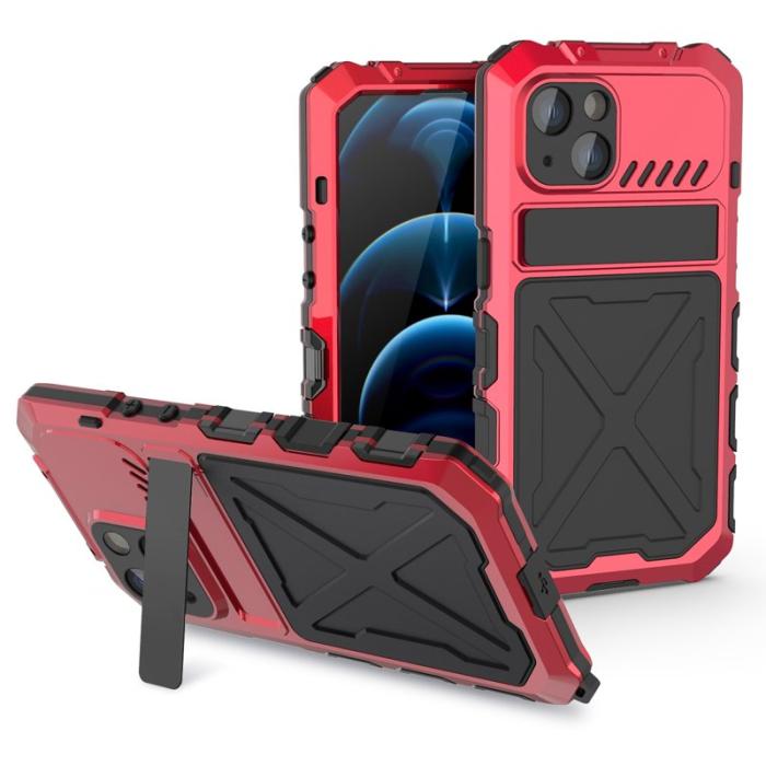 R-JUST - R-JUST iPhone 14 Skal Kickstand Silikon + Metall Röd