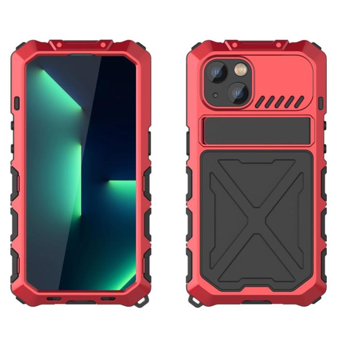 R-JUST - R-JUST iPhone 14 Skal Kickstand Silikon + Metall Röd