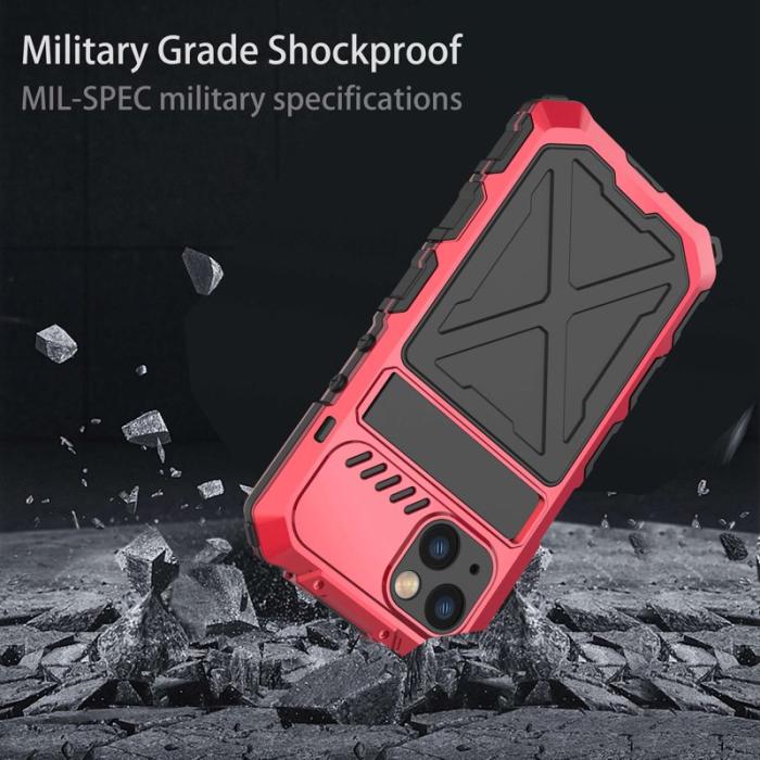 R-JUST - R-JUST iPhone 14 Skal Kickstand Silikon + Metall Röd