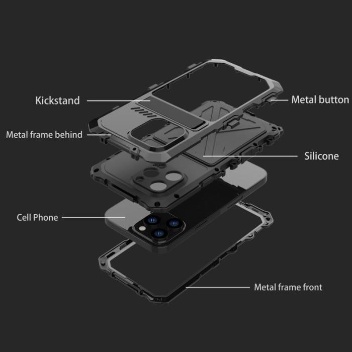 R-JUST - R-JUST iPhone 14 Skal Kickstand Silikon + Metall Svart