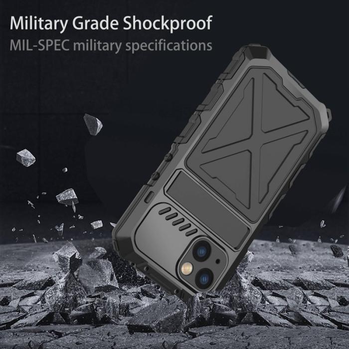 R-JUST - R-JUST iPhone 14 Skal Kickstand Silikon + Metall Svart