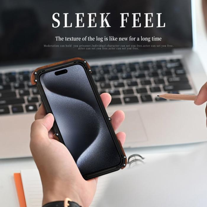 R-JUST - R-JUST iPhone 15 Plus Skal i Trä + Aluminiumlegering Svart