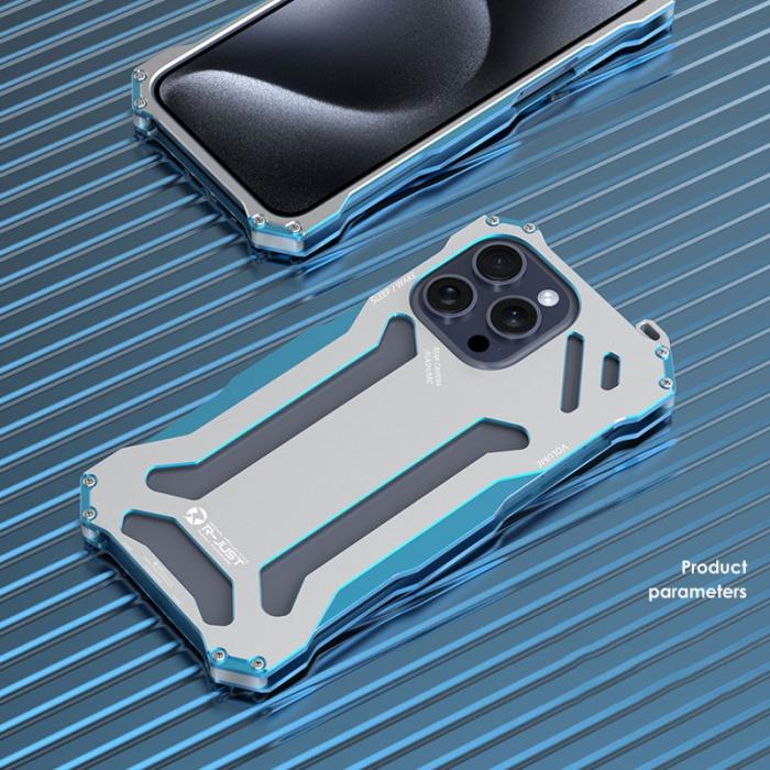R-JUST - R-JUST iPhone 15 Pro Max Skal Metall Hål Design Silver/Blå