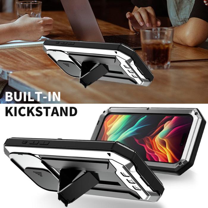 R-JUST - R-JUST iPhone 15 Pro Skal med Kickstand i Silver och Glasfilm