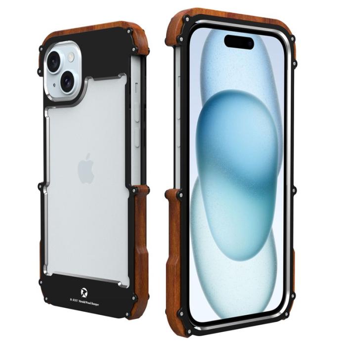 R-JUST - R-JUST iPhone 15 Skal Drop Protection Aluminium + Trä Svart