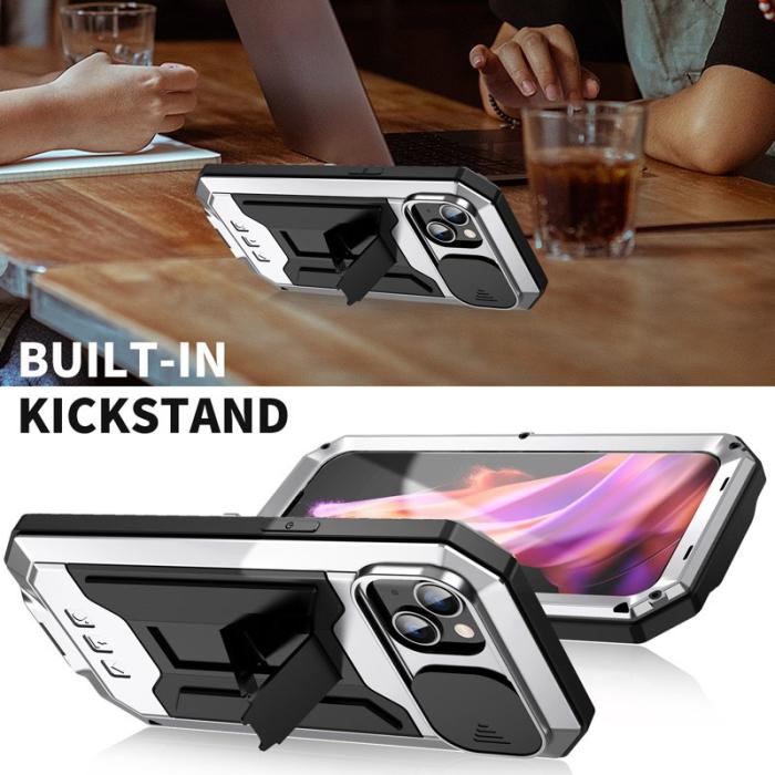 R-JUST - R-JUST iPhone 15 Skal med Kickstand i Silikon och Metall - Silver