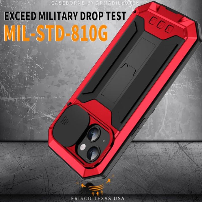 R-JUST - R-JUST iPhone 15 Skal med Kickstand Röd i Silikon och Metall