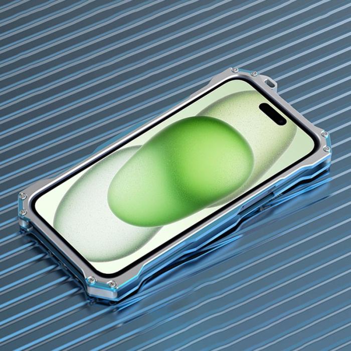 R-JUST - R-JUST iPhone 15 Skal Metall Hål Design Stötsäker Silver+Blå