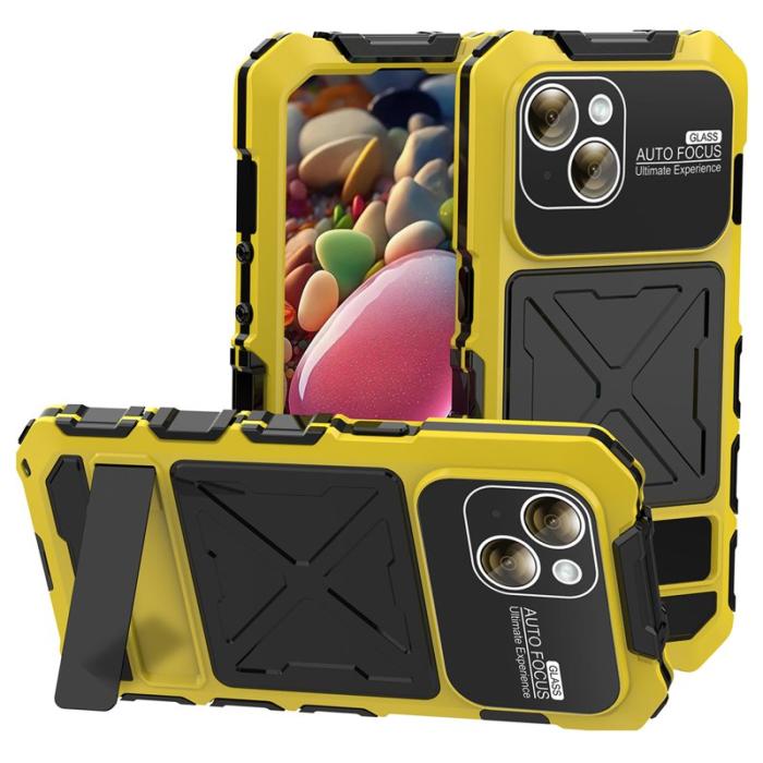 R-JUST - R-JUST iPhone 15 Skal Silikon+Metal med Härdat Glas - Gul