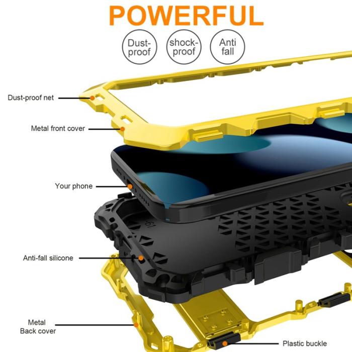 R-JUST - R-JUST iPhone 15 Skal Silikon+Metal med Härdat Glas - Gul