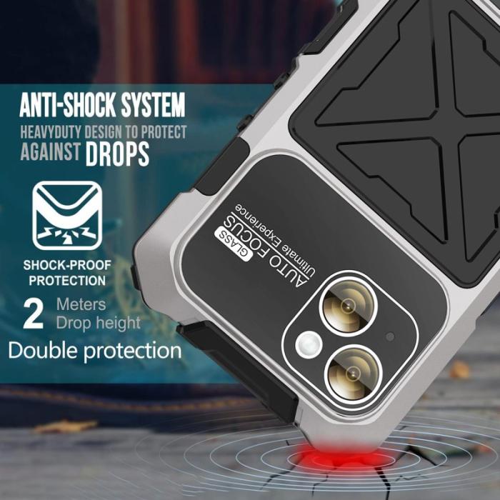 R-JUST - R-JUST iPhone 15 Skal Silikon+Metal med Härdat Glas - Silver