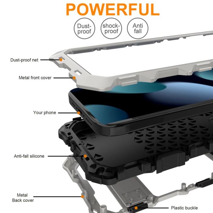 R-JUST - R-JUST iPhone 15 Skal Silikon+Metal med Härdat Glas - Silver
