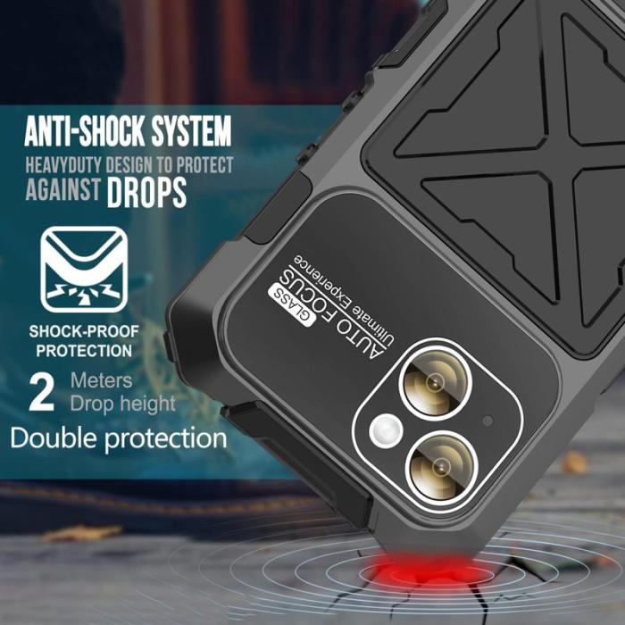 R-JUST - R-JUST iPhone 15 Skal Silikon+Metall med Härdat Glas - Svart